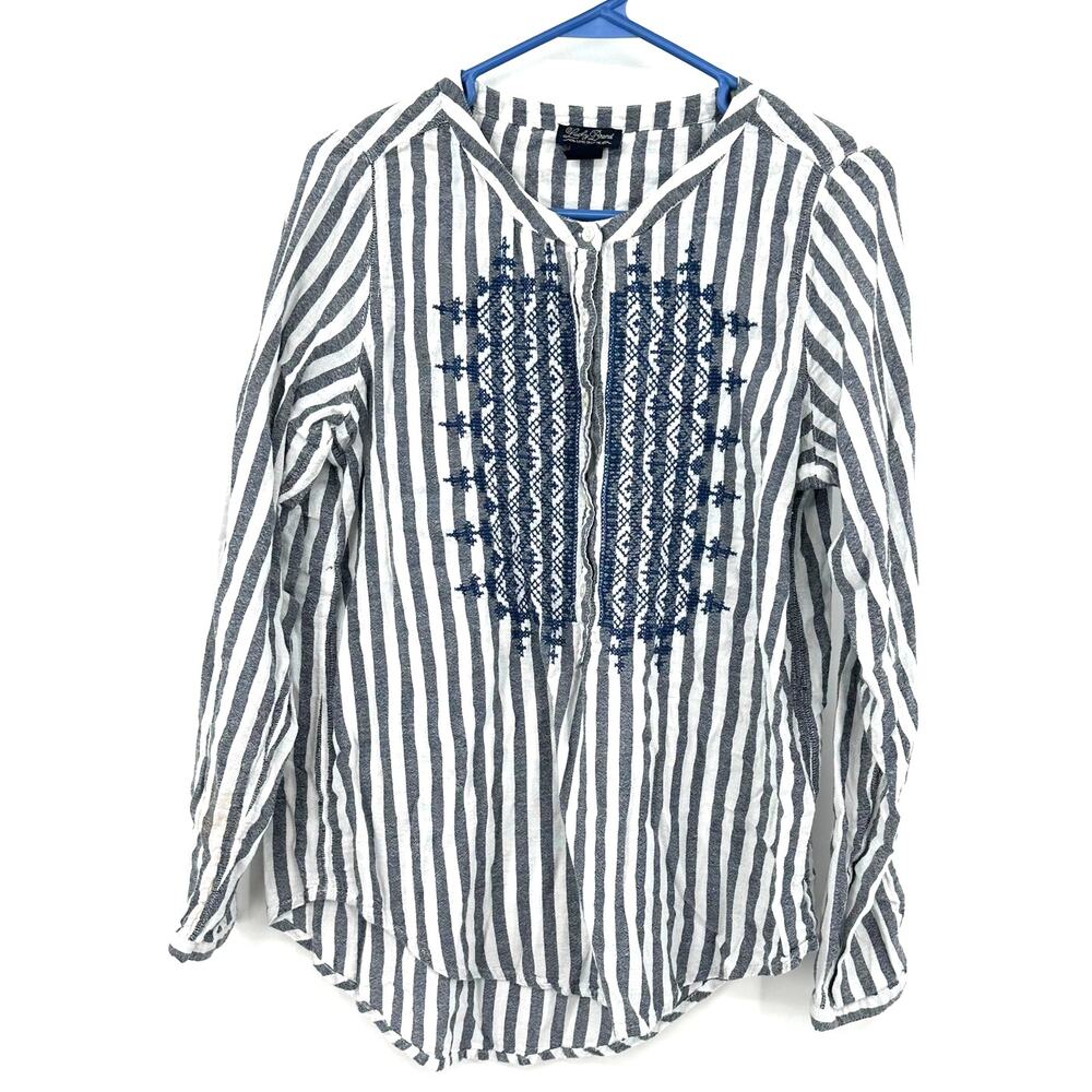 Lucky Brand Size Medium V-Neck Long‎ Sleeved Blouse Gray Striped embroidered